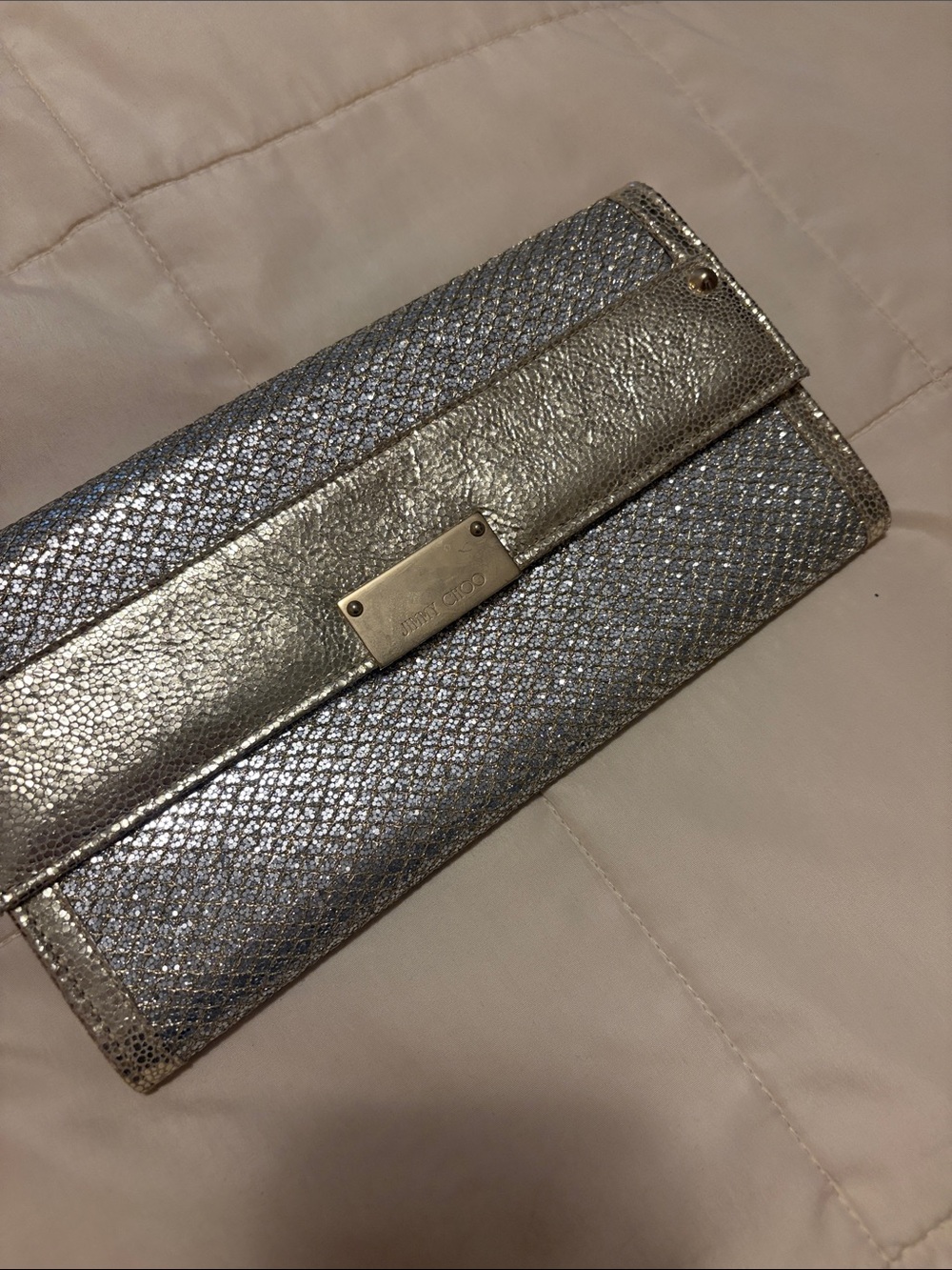Jimmy Choo Silver Textured Metallic Envelope Clutch